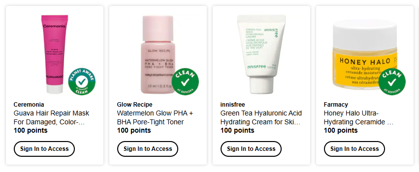 Sephora Beauty Insider Rewards showing 100-point redemption options including hair masks toners skincare creams and makeup products